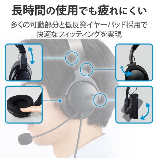 ELECOM エレコム　ヘッドセット　有線　HS-HP105UNCBK ブラック 大型両耳ノイズリダクションヘッドセット - HS-HP105UNCBK