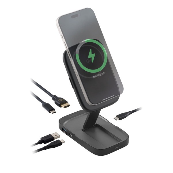 ELECOM エレコム DST-Q040BPGY USB Type-C ドッキングステーション 4in1 ハブ ( Qi2 ワイヤレス充電スタンド / USB-C ×2 / USB-A ×1 / HDMI ×1 搭載 ) PD 急速充電 高速データ転送 グレー 【キャンセル不可・北海道沖縄離島配送不可】