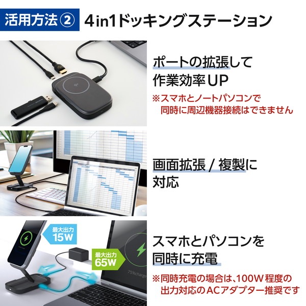ELECOM エレコム DST-Q040BPGY USB Type-C ドッキングステーション 4in1 ハブ ( Qi2 ワイヤレス充電スタンド / USB-C ×2 / USB-A ×1 / HDMI ×1 搭載 ) PD 急速充電 高速データ転送 グレー 【キャンセル不可・北海道沖縄離島配送不可】