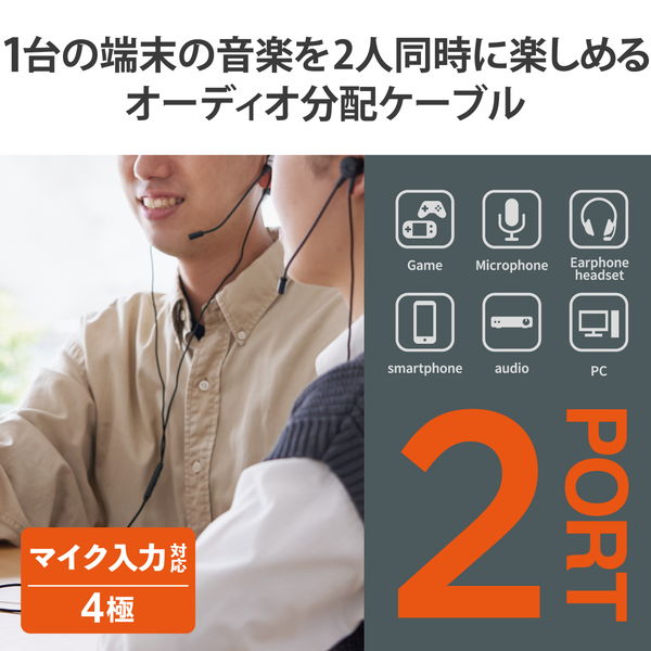 ELECOM エレコム EHP-35W02BK オーディオケーブル 2分配 φ3.5mm 4極 ミニプラグ to ミニジャック×2 イヤホンジャック 二股 ボイスチャット 通話【キャンセル不可・北海道沖縄離島配送不可】