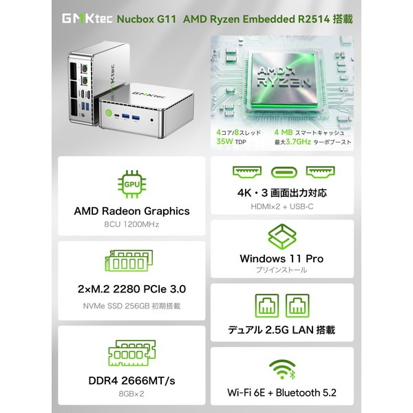 GMKtec �ߥ�PC NucBox G11 GMK-G11-16/256-W11Pro(R2514) / AMD Ryzen Embedded R2514��� / Windows 11 Pro / 16GB���� 256 GB M.2 PCIe 3.0 SSD��� HDMI USBType-C �ڥ���󥻥��Բġ��̳�ƻ����Υ�������Բġ�