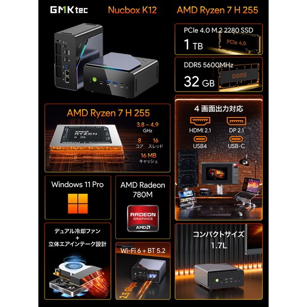 4529327932420 GMKtec ミニPC GMK-K12-32/1T-W11Pro(H 255) AMD Ryzen