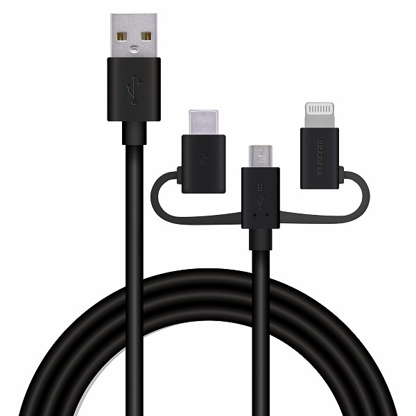 ELECOM ���쥳�� MPA-AMBLCAD12BK ���ώ��Ď̎�����USB�����̎ގ� 3in1 microUSB+Type-C+Lightning 1.2m �̎ގ׎��� �ڥ���󥻥��Բġ��̳�ƻ����Υ�������Բġ�