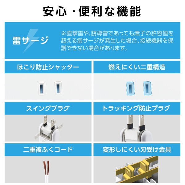 ELECOM エレコム T-IS01M-2350WH 電源タップ 延長コード 5m コンセント 3個口 ほこりシャッター 極性対応 絶縁キャップ 雷ガード 個別スイッチ マグネット スイングプラグ ホワイト 【キャンセル不可・北海道沖縄離島配送不可】