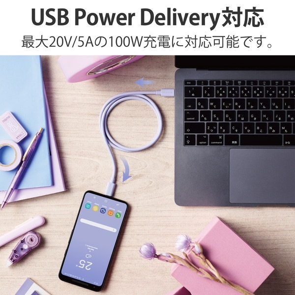 ELECOM エレコム USB4-APCC5P08PU USBケーブル USB4 USB-IF 正規認証品 USB-C to USB-C PD対応 最大100W 80cm パープル【キャンセル不可・北海道沖縄離島配送不可】