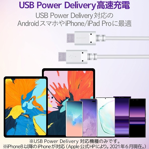 ELECOM エレコム MPA-CC01PNWH スマホ・タブレット用USBケーブル USB(C-C) スタンダード USB Power Delivery対応 認証品 0.1m ホワイト 【キャンセル不可・北海道沖縄離島配送不可】