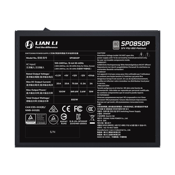 Lian Li PC電源 SP Platinum 850W Black ブラック 850W SP0850P-B0-JP ATX3.1準拠 SFX電源 Platinum フルモジュラー 12V-2×6コネクタ対応 80PLUS Platinum認証/PPLP Platinum認証【キャンセル不可・北海道沖縄離島配送不可】