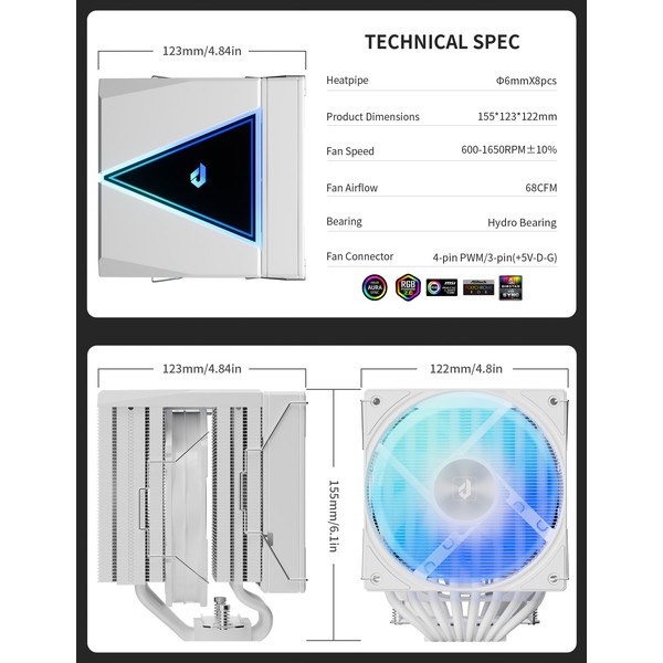 upHere デュアルファン空冷CPUクーラー UE2 Elite TC8 白 RGB対応 【キャンセル不可・北海道沖縄離島配送不可】