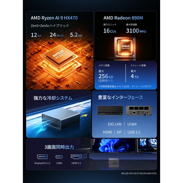 JWAWAKEN �ߥ�PC JW-LS5-470-32/1T-W11Pro(HX 470)  AMD Ryzen AI 9 HX 470 ����32GB ���ȥ졼��1TB Windows 11 Pro ����ǽAI�ߥ˥�����ơ������ڥ���󥻥��Բġ��̳�ƻ����Υ�������Բġ�