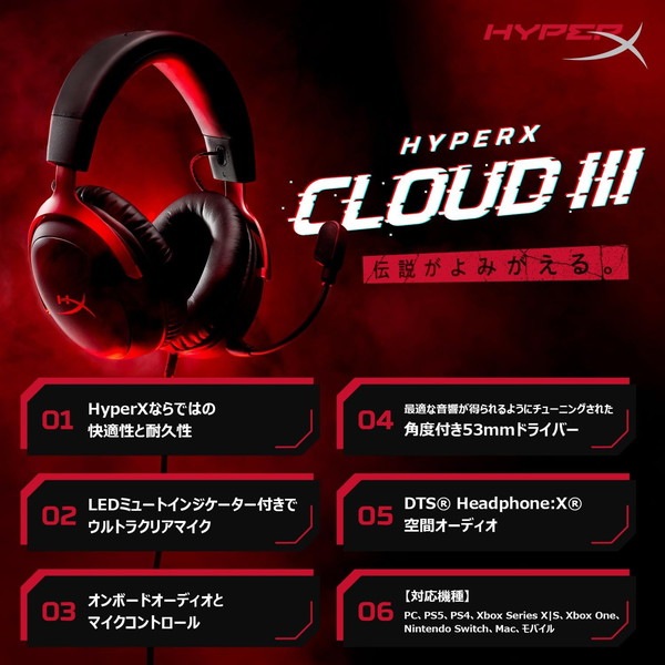 HyperX ヘッドセット HyperX Cloud III ノイズキャンセリングマイク搭載 DTS Headphone:X 3.5mmプラグ/USB-A/USB-C対応 有線接続 ブラック 727A8AA 【キャンセル不可・北海道沖縄離島配送不可】 -お取り寄せ-