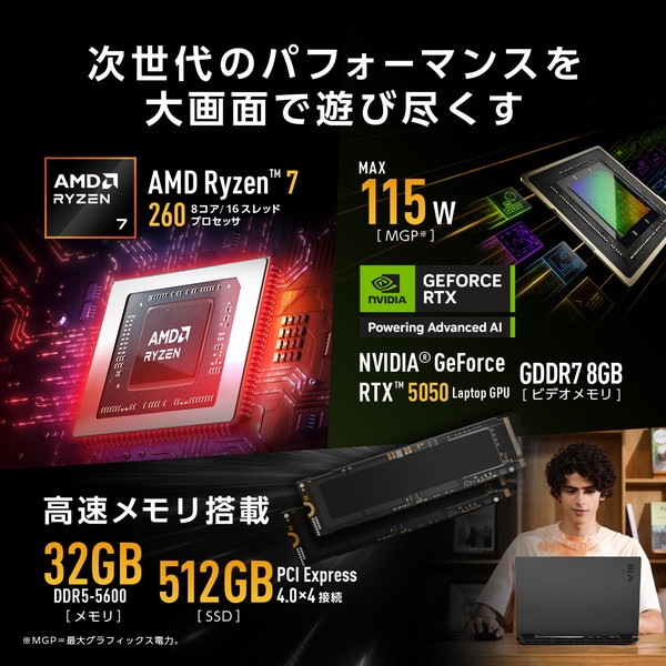 ASUS ゲーミングノート TUF Gaming A18 FA808UH-R7R5050 サイズ:18インチ CPU:Ryzen7 260 メモリ:32GB DDR5 SSD:512GB GPU:NVIDIA GeForce RTX5050 8GB Laptop OS:Windows11 Home搭載