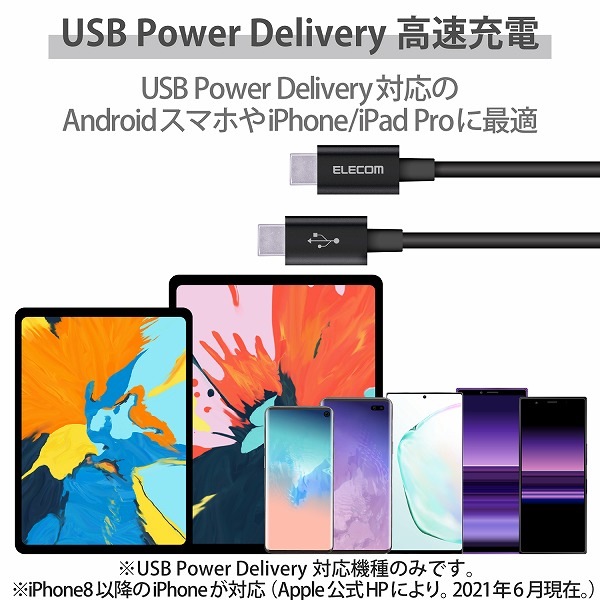 ELECOM ���쥳�� MPA-CCPS20PNBK ���ώΡ����̎ގڎ�����USB�����̎ގ� USB(C-C) ����ѵ� USB Power Delivery�б� ǧ���� 2.0m �̎ގ׎��� �ڥ���󥻥��Բġ��̳�ƻ����Υ�������Բġ�