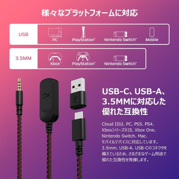 HyperX Cloud III Gaming Headset(White) HyperX ヘッドセット HyperX Cloud III ノイズキャンセリングマイク搭載 DTS Headphone:X 3.5mmプラグ/USB-A/USB-C対応 有線接続 ホワイト BS7C1AA 【キャンセル不可・北海道沖縄離島配送不可】 -お取り寄せ-