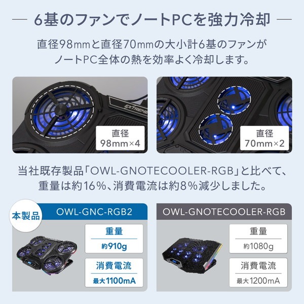OWLTECH ゲーミング ノートPCクーラー OWL-GNC-RGB2 冷却ファン6基搭載 RGBイルミネーション対応 液晶ディスプレイ搭載 オウルテック 【キャンセル不可・北海道沖縄離島配送不可】 -お取り寄せ-