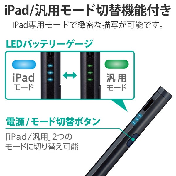 ELECOM エレコム P-TPACSTHY01BK タッチペン スタイラスペン ( iPad用 / 各種スマホ・タブレット用 ) 2モード搭載 充電式 USB Type-C 充電 磁気吸着 ペン先1.5mm 極細 D型 ペン先交換可 ブラック【キャンセル不可・北海道沖縄離島配送不可】