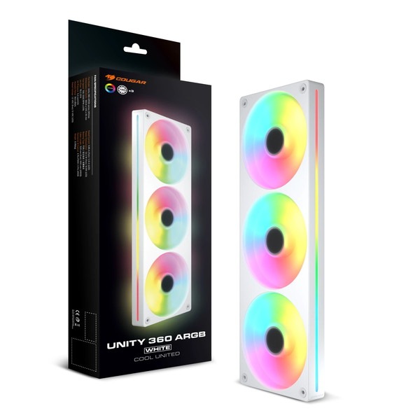COUGAR �������ե��� CF-UN360FW-RGB (Unity360-FW ARGB) White ���ɥ쥵�֥�RGB LED FDB 4-Pin (PWM) ��ž����700-2500 RPM��10�����̡�78.2 CFM ������5.4 mmH2O �ݾڡ�3ǯ�ڥ���󥻥��Բġ��̳�ƻ����Υ�������Բġ�