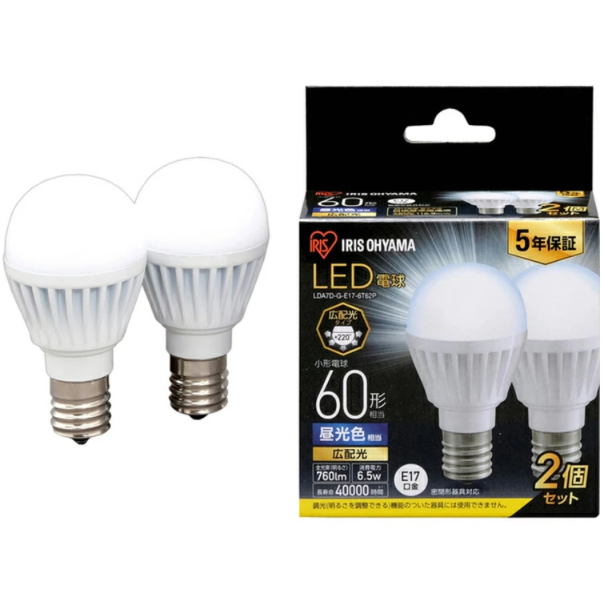 アイリスオーヤマ LED電球 E17 広配光2P 昼光色 60形(760lm) LDA7D-G-E17-6T62P - 0501-4967576408134-ds -お取り寄せ品-【キャンセル不可・北海道沖縄離島配送不可】