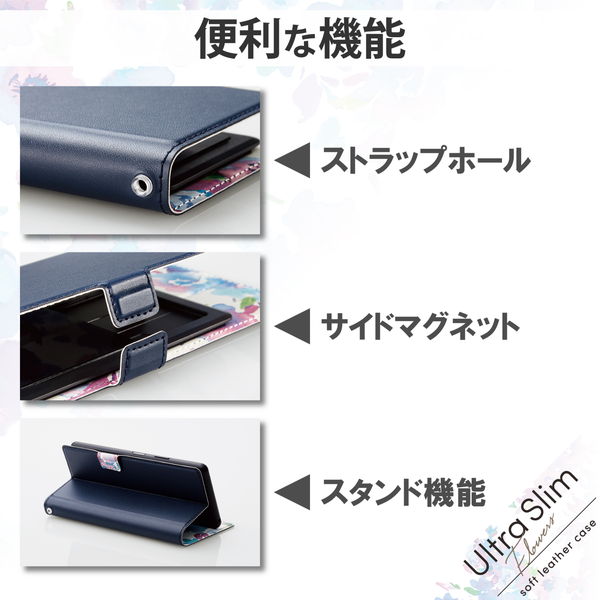ELECOM エレコム P-04PLFUSJBU スマホケース 汎用 マルチケース Sサイズ レザー 手帳型 マグネット開閉 スライド式 スタンド機能 薄型 軽量 花柄 ストラップホール付 ネイビー【キャンセル不可・北海道沖縄離島配送不可】