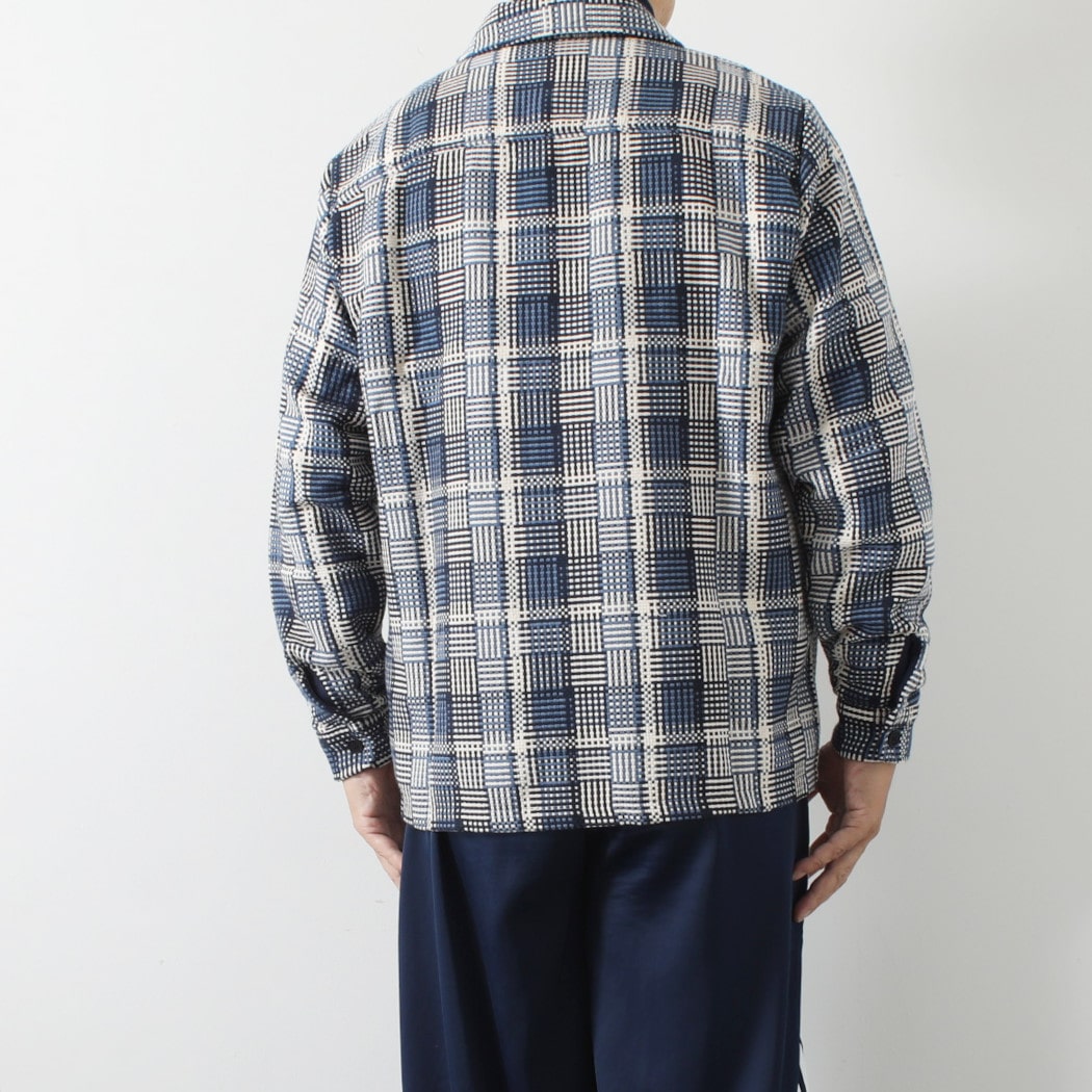 WAX LONDON ワックスロンドン バスケット織り オーバーシャツ ブルー エクリュ BASKET WEAVE SHIRT BLU/ECRU