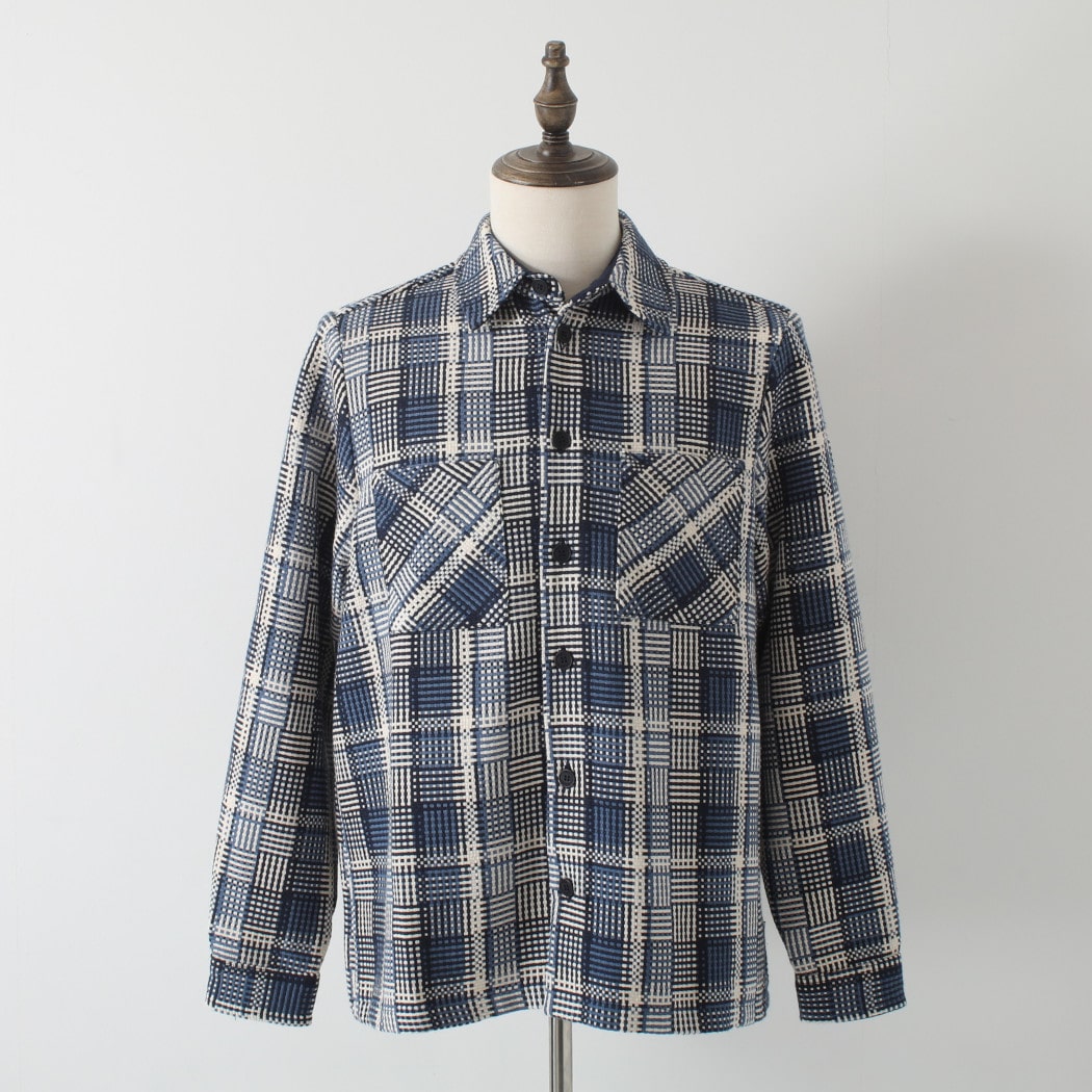 WAX LONDON ワックスロンドン バスケット織り オーバーシャツ ブルー エクリュ BASKET WEAVE SHIRT BLU/ECRU
