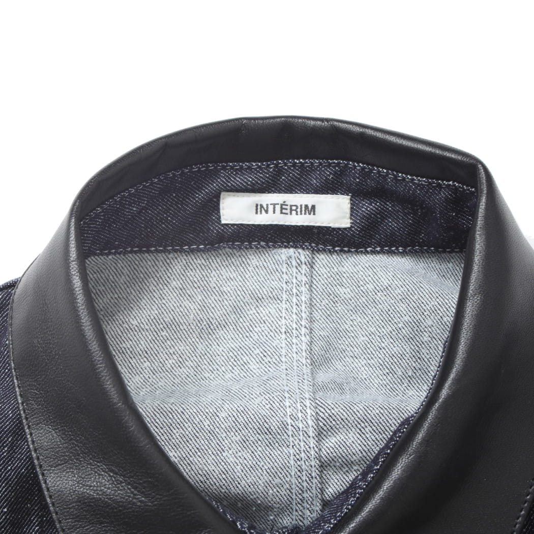 INTERIM インテリム ゴート レザー シルク ノイル デニム 1st ヘラクレス カバーオール GOAT LEATHER COLLAR SILK NOIL DENIM 1st HERCULES COVERALL NVY