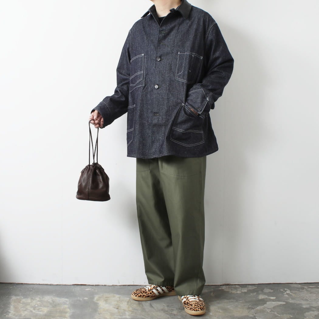 INTERIM インテリム ゴート レザー シルク ノイル デニム 1st ヘラクレス カバーオール GOAT LEATHER COLLAR SILK NOIL DENIM 1st HERCULES COVERALL NVY