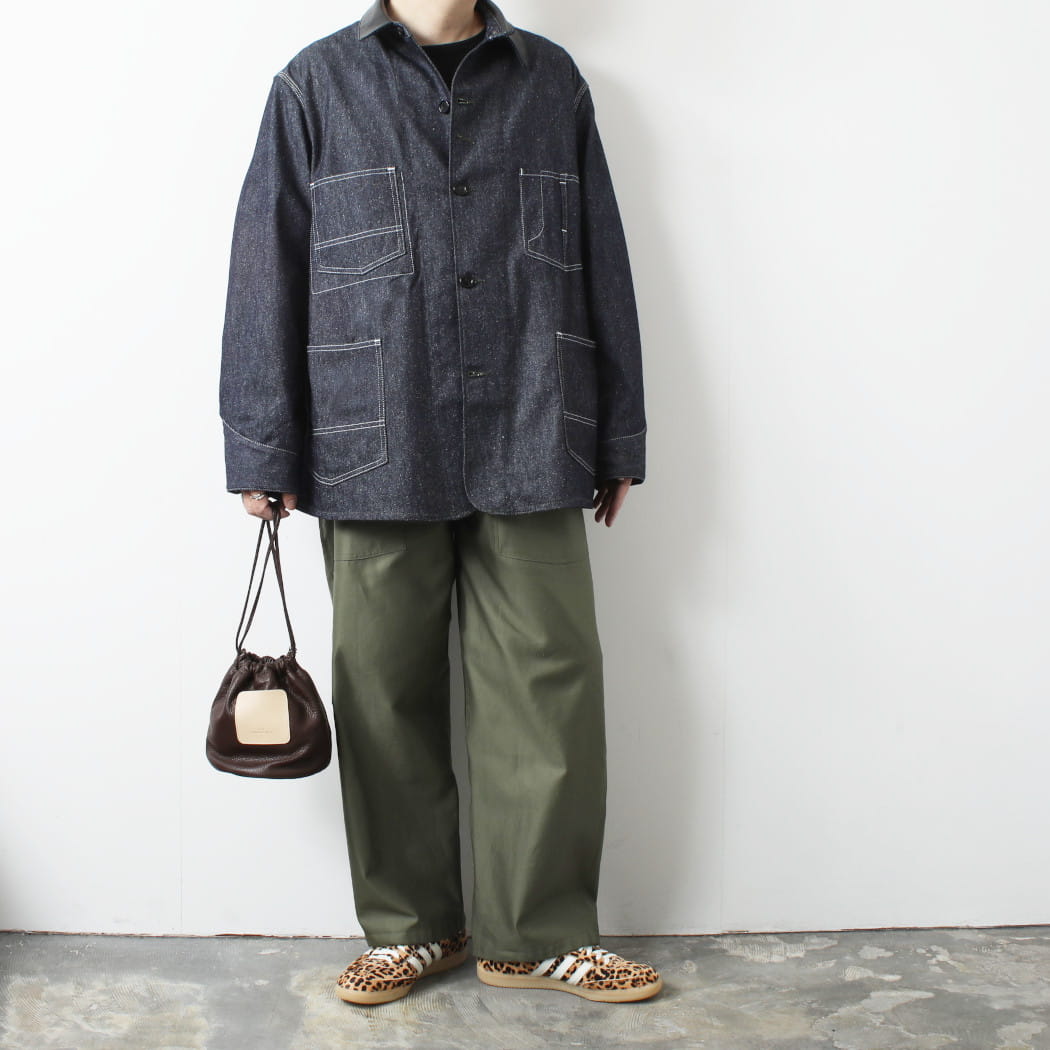 INTERIM インテリム ゴート レザー シルク ノイル デニム 1st ヘラクレス カバーオール GOAT LEATHER COLLAR SILK NOIL DENIM 1st HERCULES COVERALL NVY