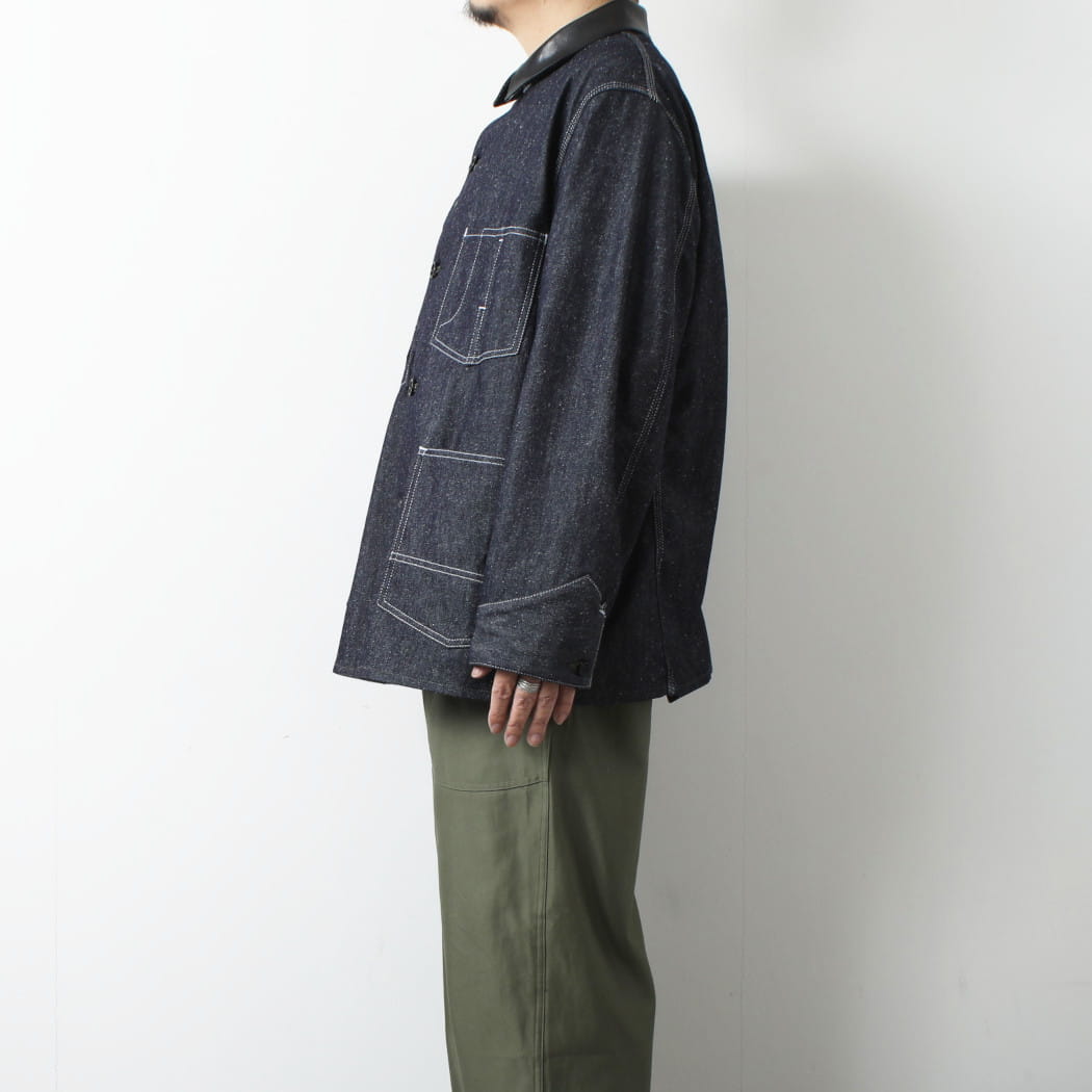 INTERIM インテリム ゴート レザー シルク ノイル デニム 1st ヘラクレス カバーオール GOAT LEATHER COLLAR SILK NOIL DENIM 1st HERCULES COVERALL NVY