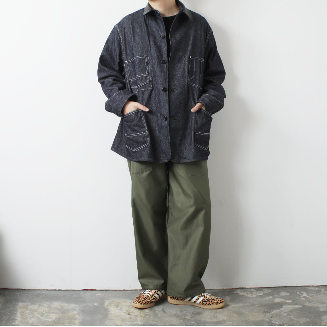 INTERIM インテリム ゴート レザー シルク ノイル デニム 1st ヘラクレス カバーオール GOAT LEATHER COLLAR SILK NOIL DENIM 1st HERCULES COVERALL NVY