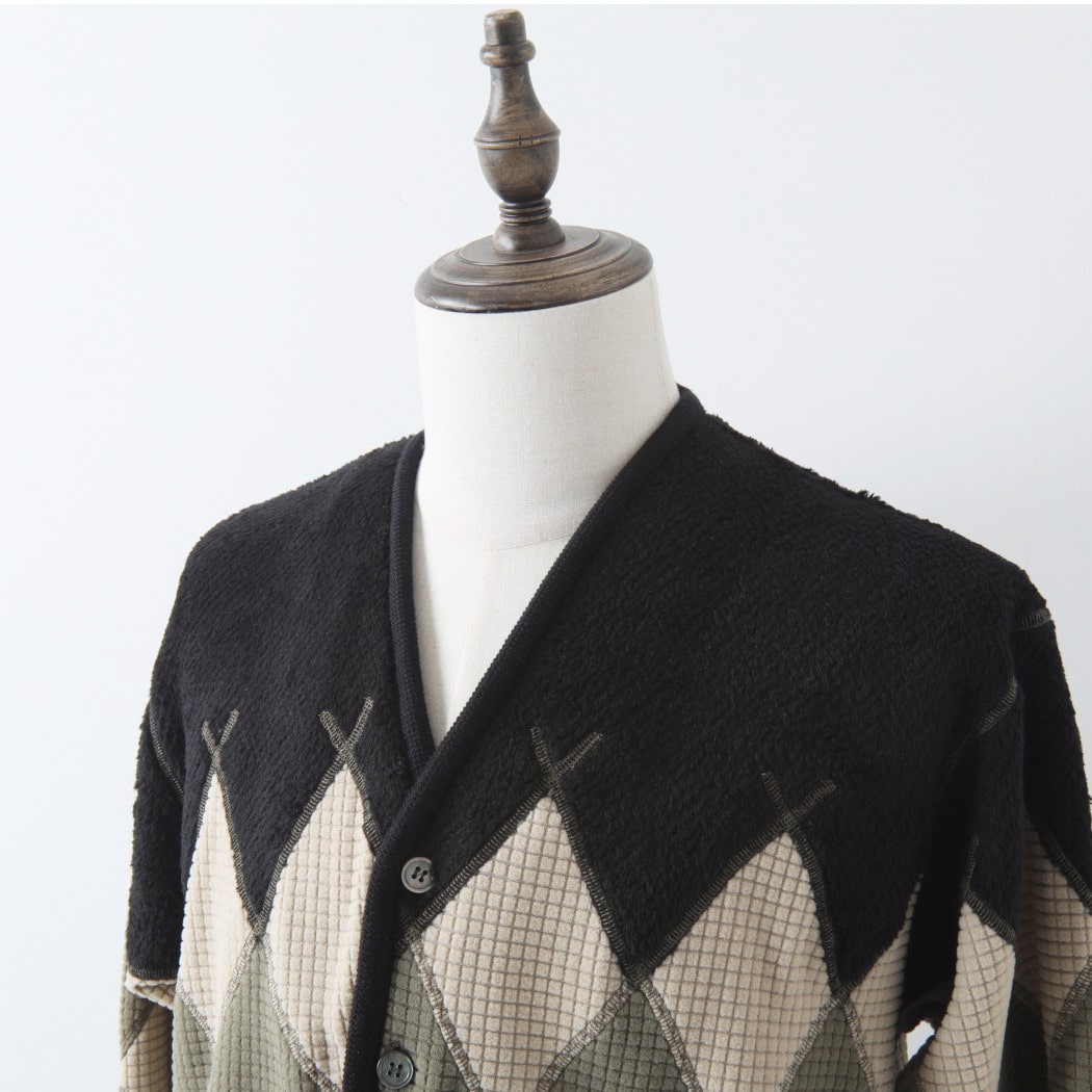 BURLAP OUTFITTER バーラップアウトフィッター アーガイル フリース カーディガン ブラック×モスグリーン ARGYLE FLEECE CARDIGAN BLACK-MOS