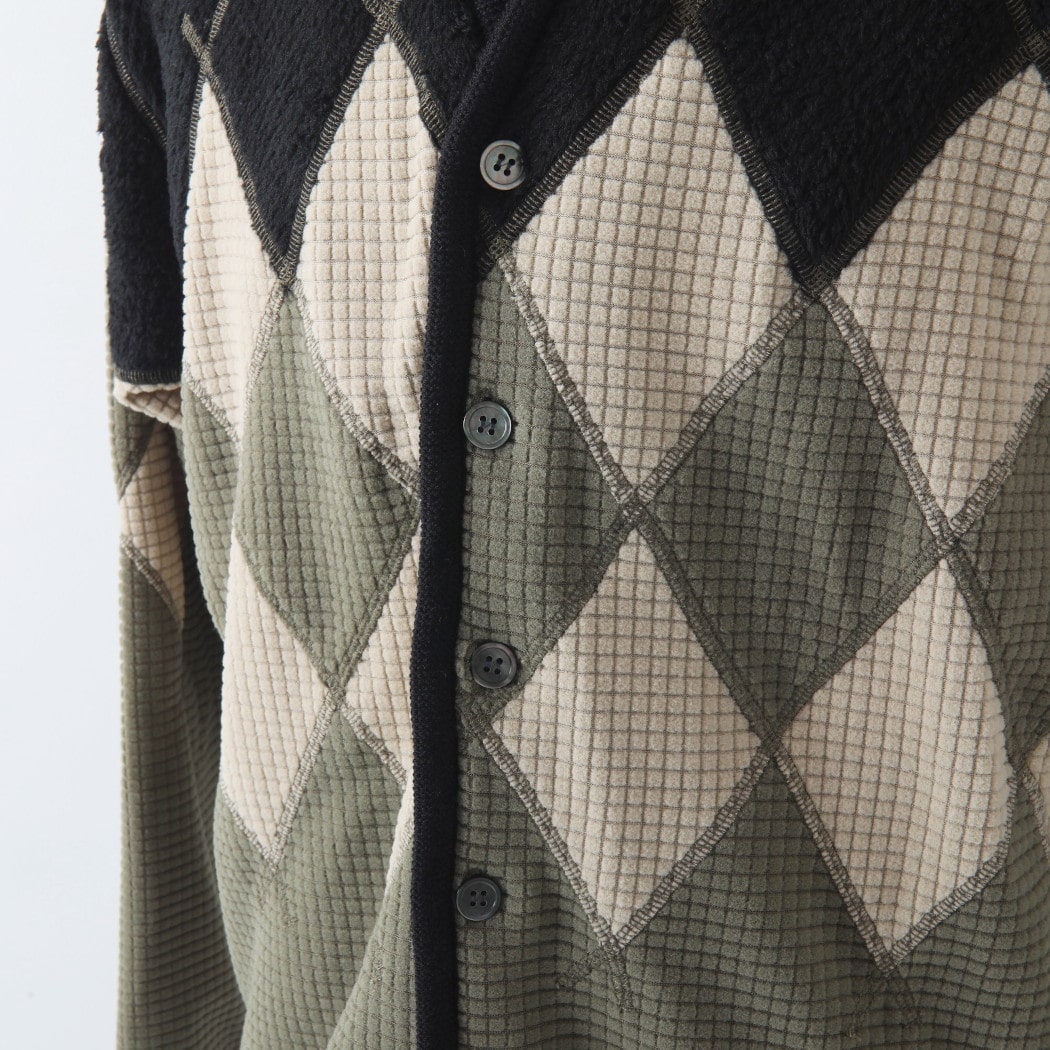 BURLAP OUTFITTER バーラップアウトフィッター アーガイル フリース カーディガン ブラック×モスグリーン ARGYLE FLEECE CARDIGAN BLACK-MOS