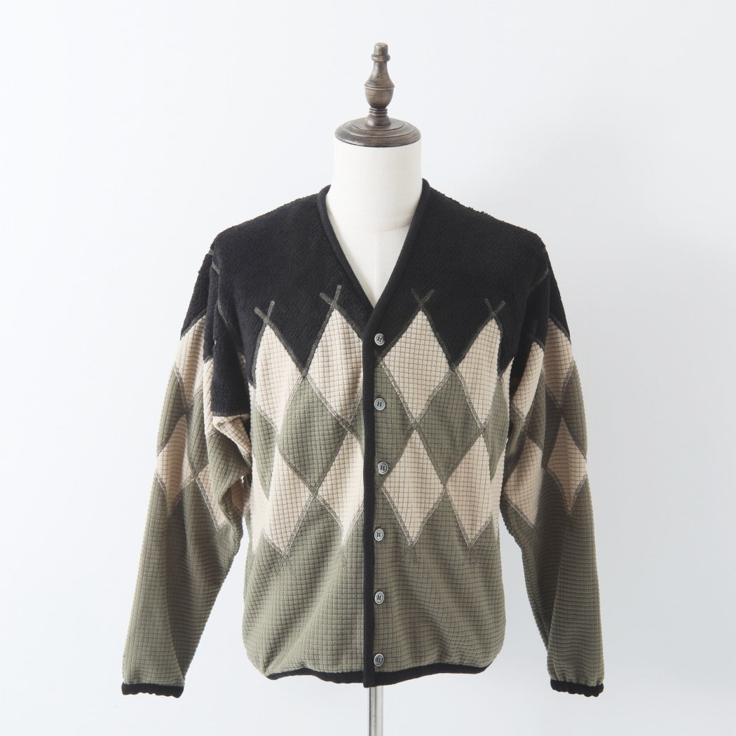 BURLAP OUTFITTER バーラップアウトフィッター アーガイル フリース カーディガン ブラック×モスグリーン ARGYLE FLEECE CARDIGAN BLACK-MOS