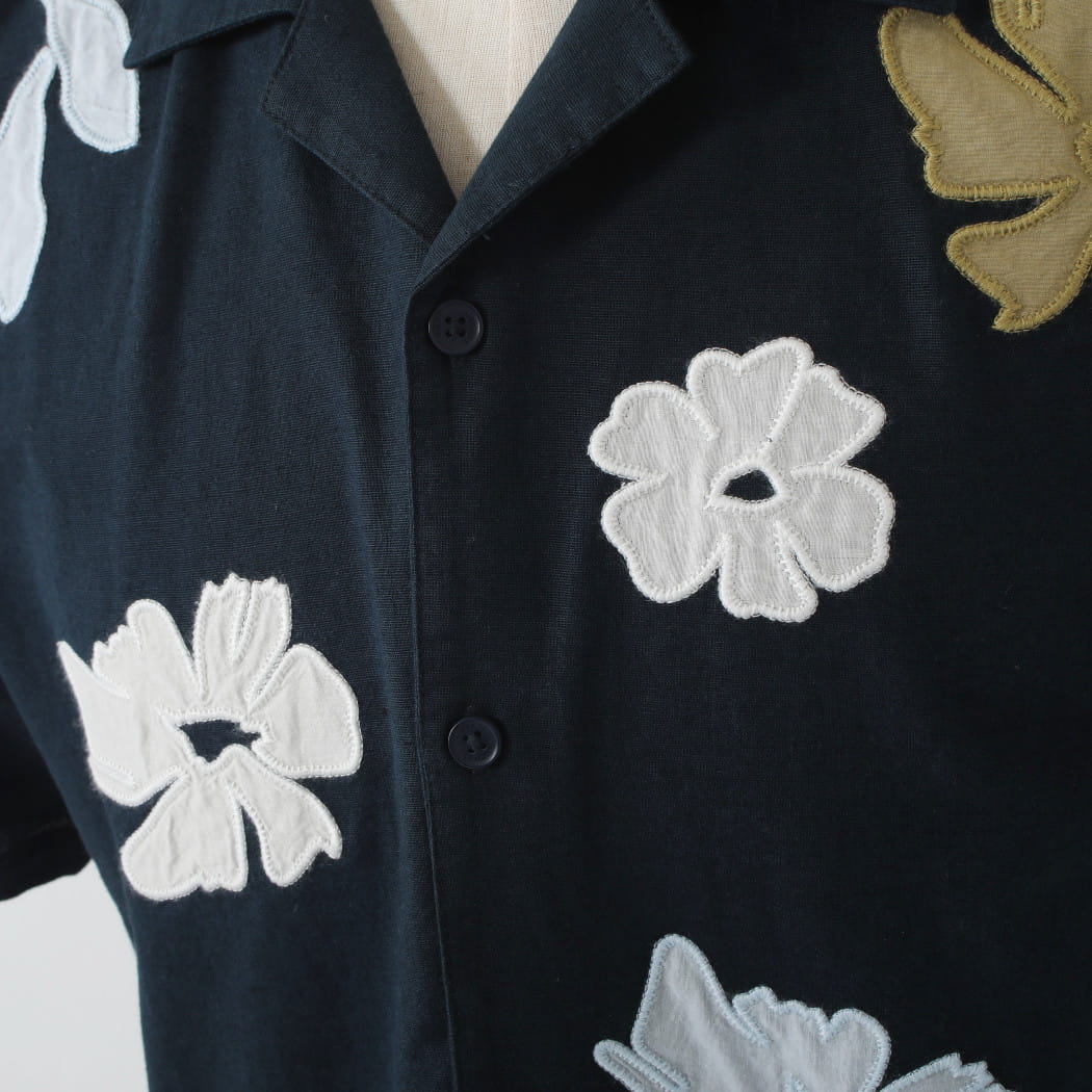 WAX LONDON ワックスロンドン フラワー刺繍 ショートスリーブシャツ ネイビー マルチカラー Navy And Multicolour Floral Applique Short-Sleeve Shirt