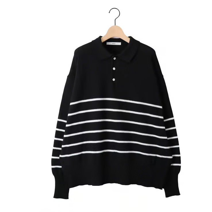 amne アンヌ BORDER polo knit ボーダー ポロ ニット ブラック | BRAND 