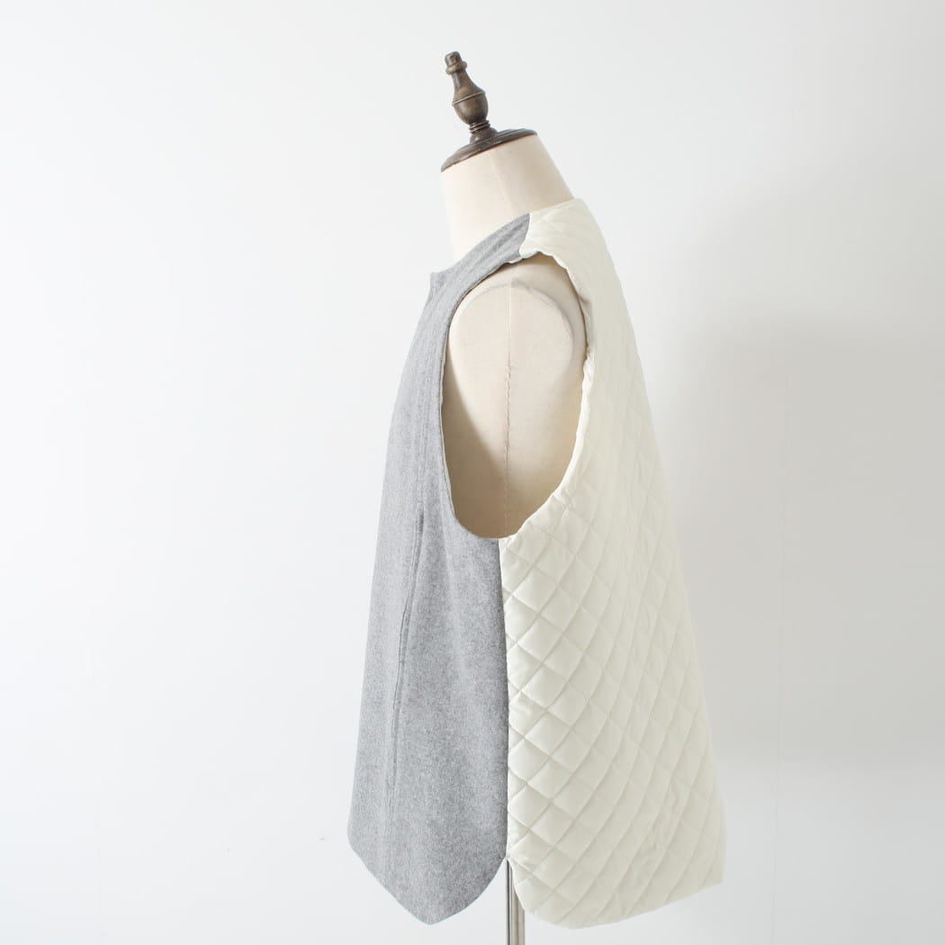 amne アンヌ メルトン・キルト スイッチベスト グレー×ホワイト MELTON QUILT switch vest Heather amn-VT-001