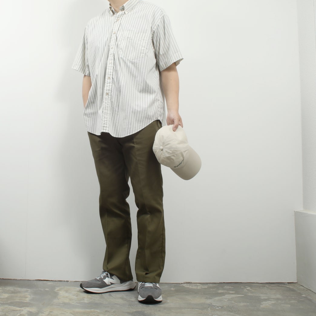 ジムフレックス GYMPHLEX 半袖 ボタンダウンシャツ オーバーサイズ ウオッシュド ストライプ ベージュ×グレー