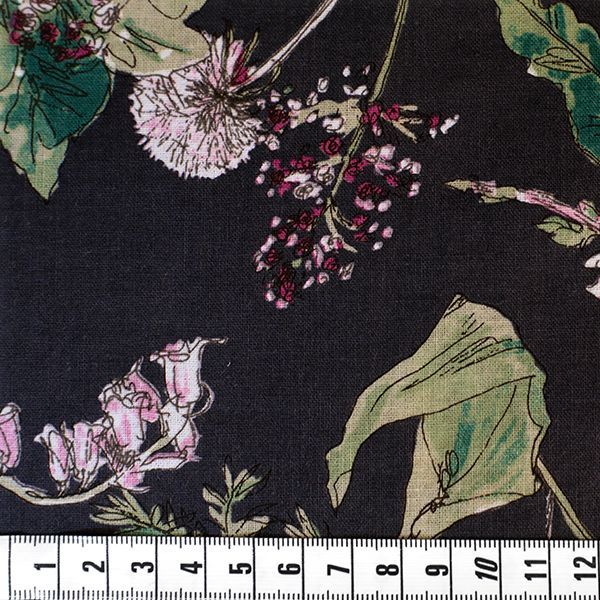 【1.55ｍカットクロス】洗いをかけた 綿麻プリント 「ベル フルール」（チャコール）