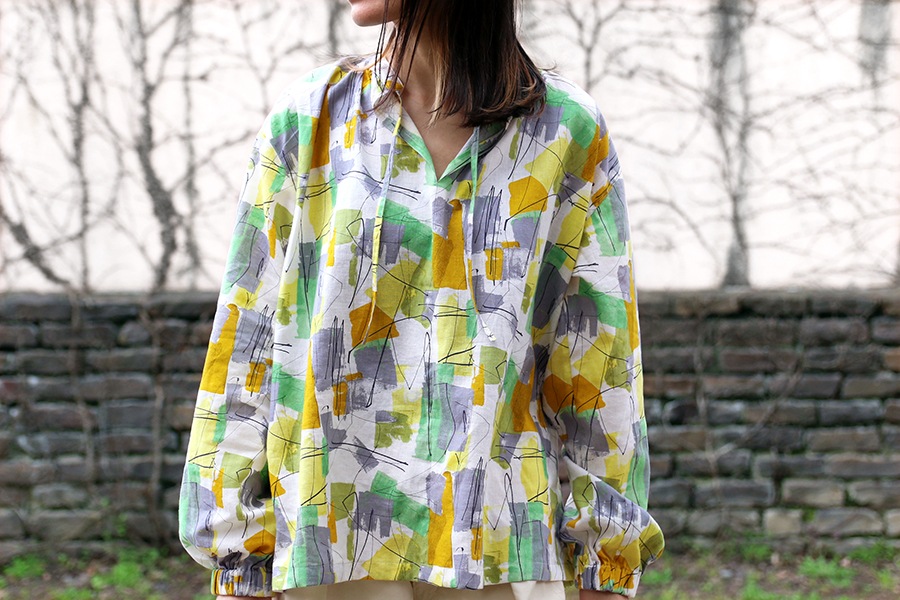 【反物販売】洗いをかけた 綿麻プリント「ジェオリィ」【コットン リネン 生地 幾何学 ジオメトリック】