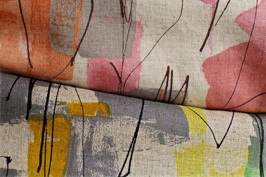 【反物販売】洗いをかけた 綿麻プリント「ジェオリィ」【コットン リネン 生地 幾何学 ジオメトリック】