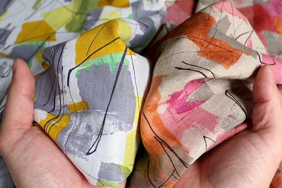 【反物販売】洗いをかけた 綿麻プリント「ジェオリィ」【コットン リネン 生地 幾何学 ジオメトリック】