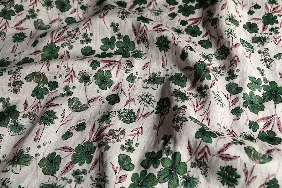 洗いをかけた リネンプリント ランス 60番手  【麻 生地 花柄 フワラー】