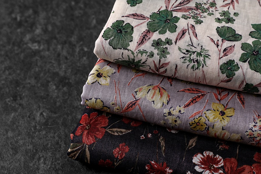 洗いをかけた リネンプリント ランス 60番手  【麻 生地 花柄 フワラー】