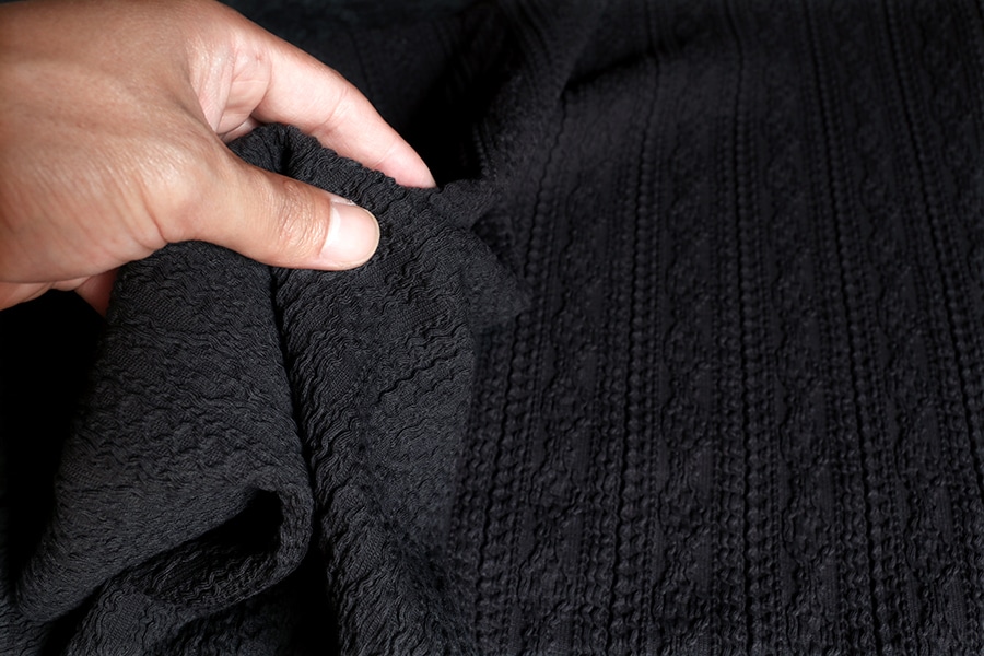 【反物販売】オリジナルアラン縄編みシャーリング ジャガードニット 【コットン(綿) 生地 無地 リブニット】