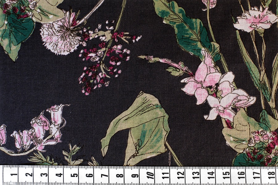 【1.55ｍカットクロス】洗いをかけた 綿麻プリント 「ベル フルール」（チャコール）