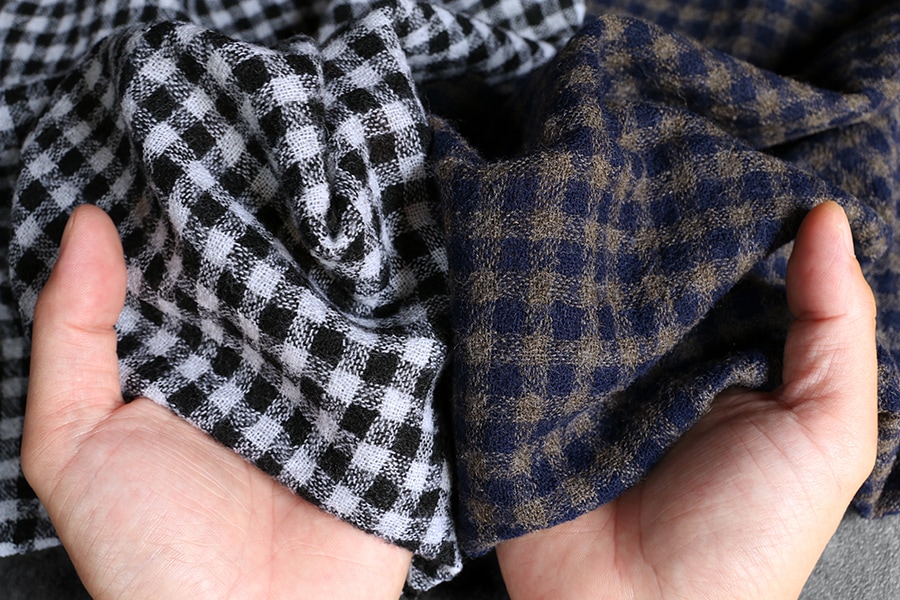 【生地サンプル】洗いをかけた ウールガーゼ ギンガムチェック 2/48番手 【毛 生地 ストール】