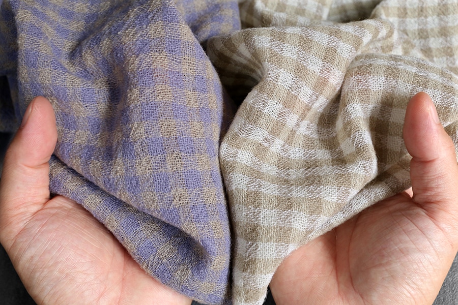 【生地サンプル】洗いをかけた ウールガーゼ ギンガムチェック 2/48番手 【毛 生地 ストール】