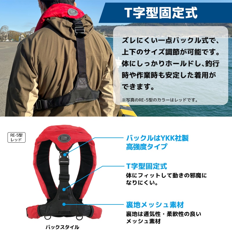ライフジャケット 桜マーク付き 自動膨張式 タイプA 国交省認定 検定品 RE-5型 T字型固定式 船舶検査対応 小型船舶用救命胴衣 釣り 作業用 津波対策 オーシャンライフ