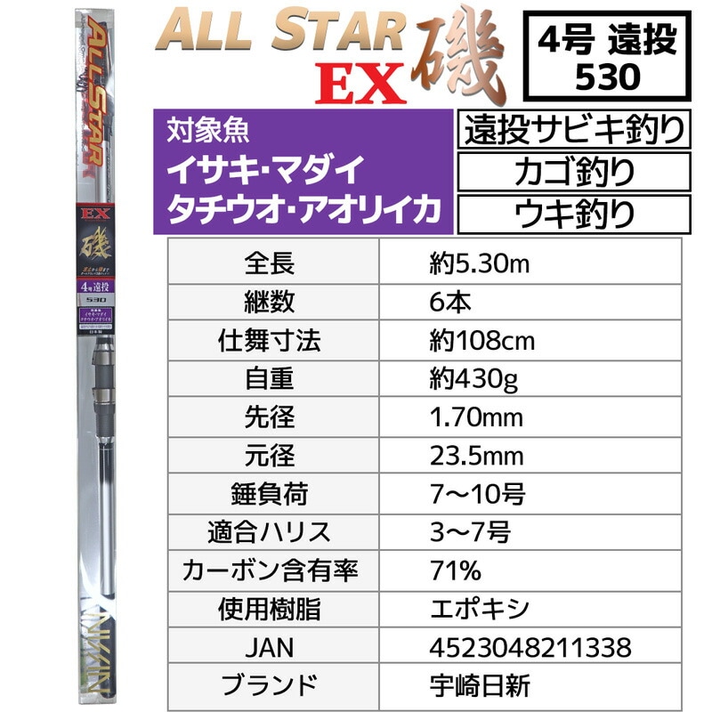 釣り竿 万能ロッド オールスターEX 磯 4号 遠投 530 釣り 遠投サビキ釣り カゴ釣り ウキ釣り 宇崎日新