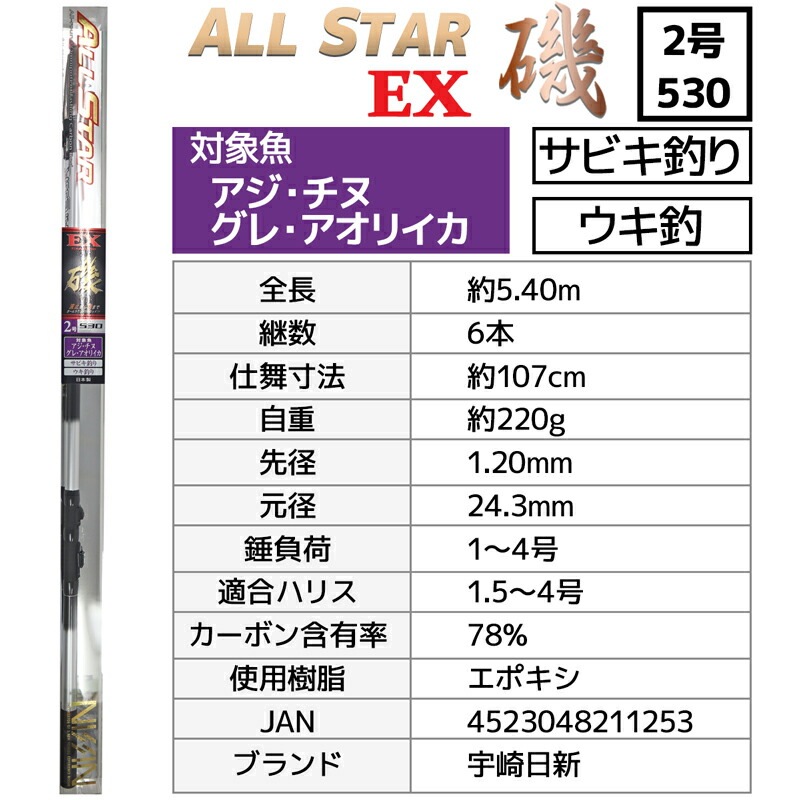 釣り竿 万能ロッド オールスターEX 磯 2号 530 釣り サビキ釣り ウキ釣り 宇崎日新