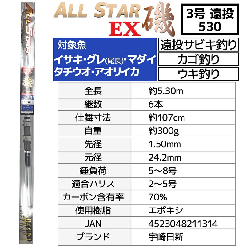 釣り竿 万能ロッド オールスターEX 磯 3号 遠投 530 釣り 遠投サビキ釣り カゴ釣り ウキ釣り 宇崎日新